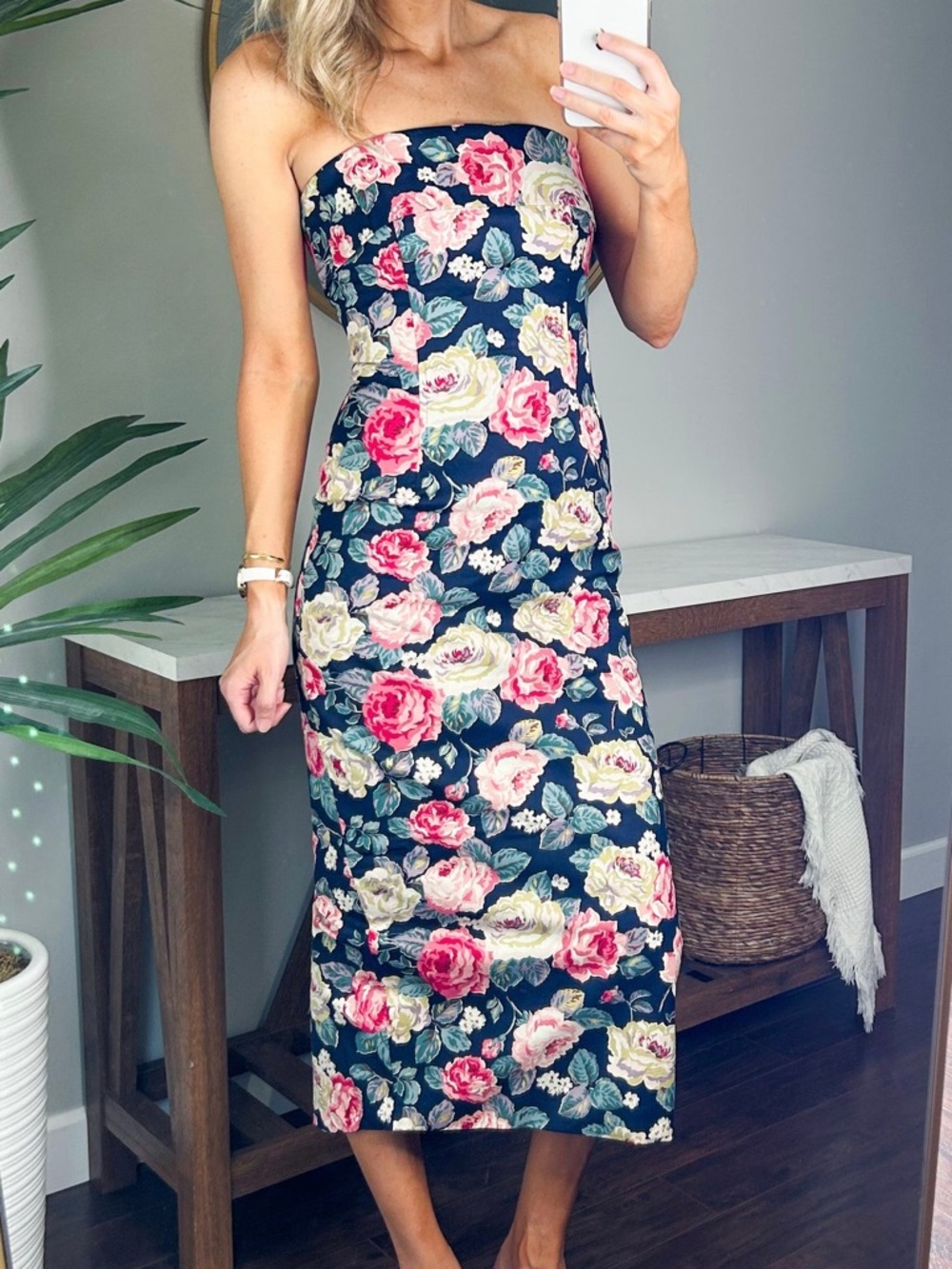 Strapless Floral Maxi Dress in Black with Pink Blooms
